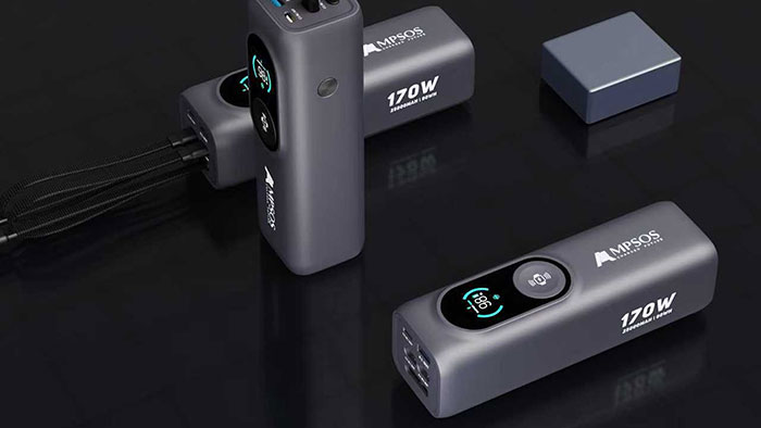 AMPSOS - All-in-One Ladehub: Integrierte Kabel, Ports und Apple Watch Ladepad